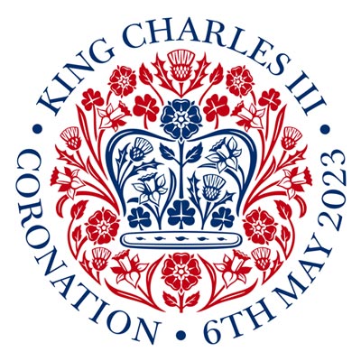 The king's coronation emblem. Text says King Charles the third, coronation on 6 May 2023