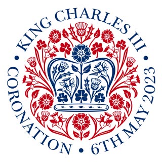 The king's coronation emblem. Text says King Charles the third, coronation on 6 May 2023