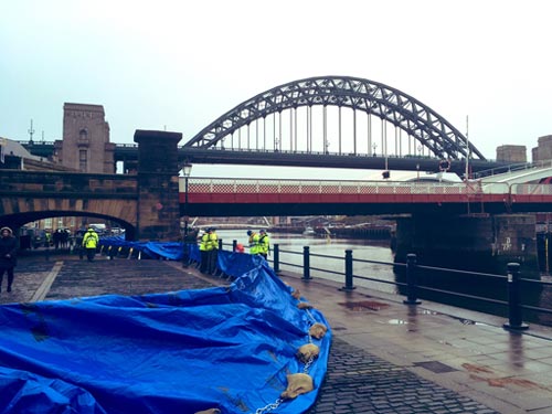 Flood barriers up next to the River Tyne