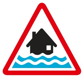 Flood warning image - A black house with two lines of water in a triangle