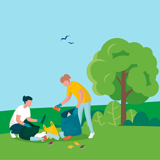 two women collecting rubbish in the countryside