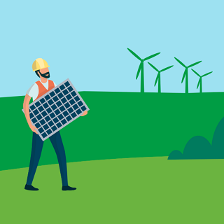 Workman carrying solar panel with wind turbines in the background