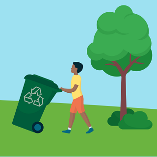 Child pushing recycling bin