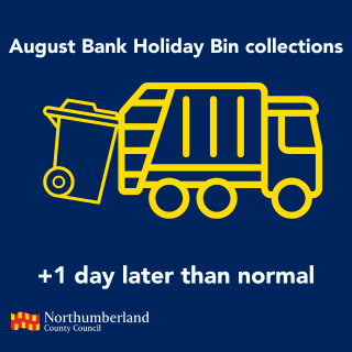 Outline of a bin truck and wheelie bin. Text says "August Bank Holiday Bin collection, 1 day later than normal"