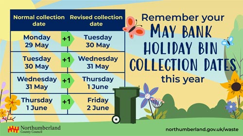 Bin collection dates during the May day bank holiday - Plain text version below - click here to open image in a new tab