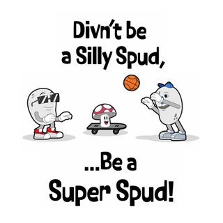 Two potato characters playing baskeball while their mushroom friend skates by on a skateboard.