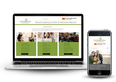 Laptop and mobile phone displaying the Northumberland Family Hubs website. Click Here to visit
