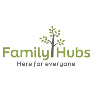Family Hubs logo. Text says Family Hubs, Here for everyone.