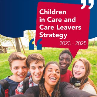 A group of children with text saying 'Children in care and care leavers strategy 2023 - 2025'