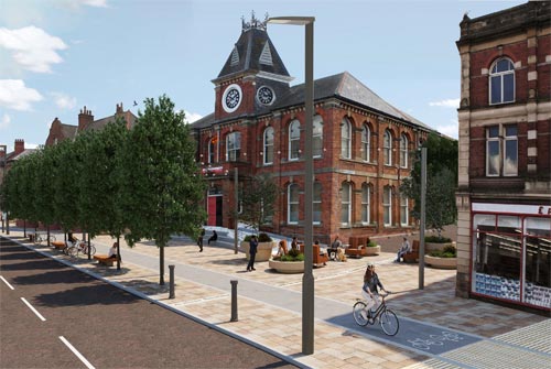 Artist impression of Bridge St Improvements enhancing public realm and connectivity in front of the historic Blyth Library.