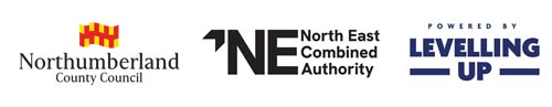 Northumberland County Council logo, North of Tyne Combined Authority logo and Powered by Levelling up logo