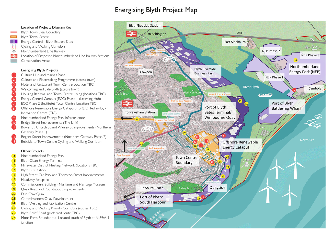 An map that shows all the projects ongoing in Blyth for the Energising Blyth project.