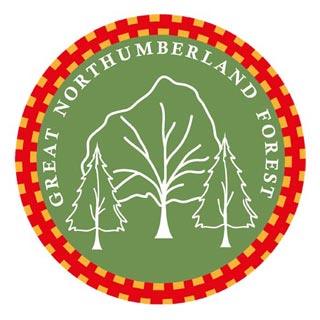 The winning image turned into the great Northumberland forest badge. Three trees in the centre of a circle with a green background. The Northumberland flag pattern going around the outside as a ring. Great Northumberland Forest writing above the trees.