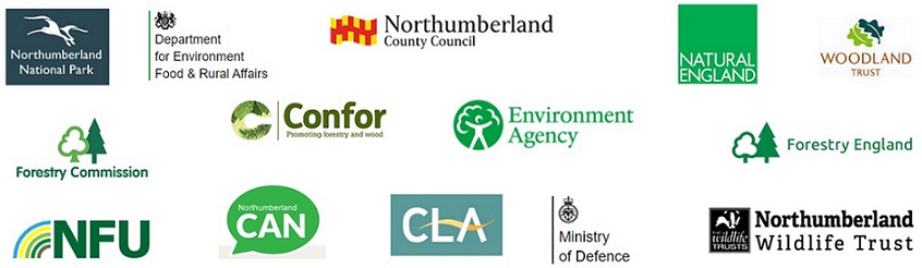 The logos of the Northumberland Woodland Creation Partnership made up of 14 organisations
