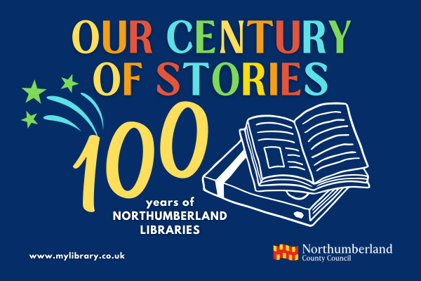 At the top of the image is the text Our Century of Stories in rainbow colours. Below that is the number 100 in yellow with two books outlined in white in the background.