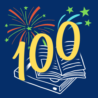 There is a large number 100 in yellow in the middle of the image with books and fireworks in the background