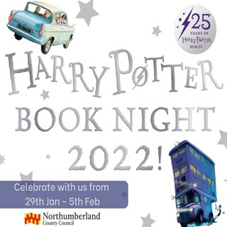 Harry Potter Book Night Logo.  Bus and flying car