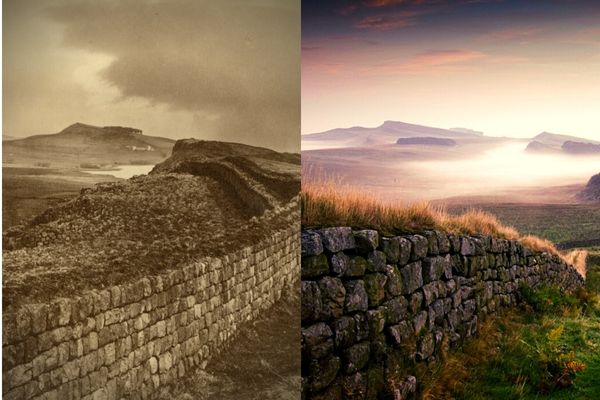 Two images of Hadrian's Wall side by side. The one on the right is a sepia image from the early 20th century and the one on the right is a more recent full colour image.