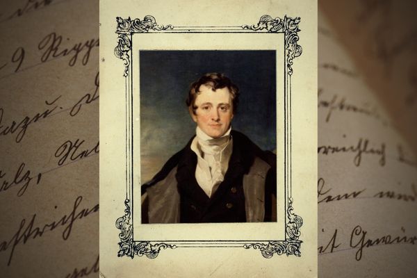 A painting of Sir Humphry Davy in an ornate frame with old writing in the background.