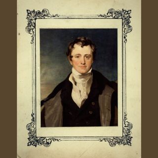 A painting of Sir Humphry Davy in an ornate cream coloured frame.