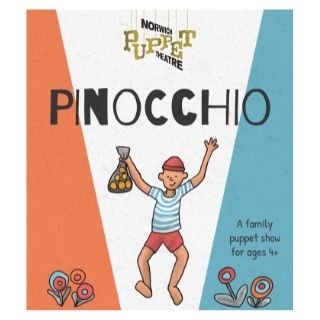Cartoon drawing of Pinocchio with the Norwich Puppet Theatre logo