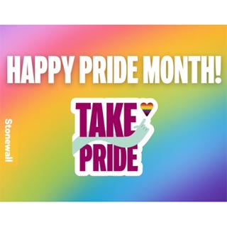 Image shows the Stonewall Happy Pride Month Logo, including the message to Take Pride