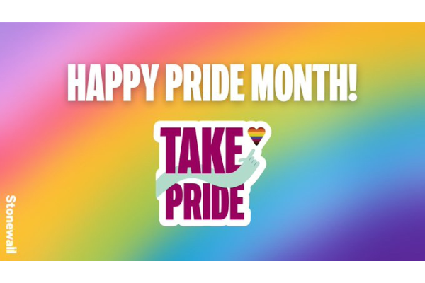 Image shows the Stonewall Happy Pride Month Logo, including the message to Take Pride