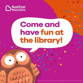 Illustration of a Owl with a speech bubble saying Come and have fun at the librar