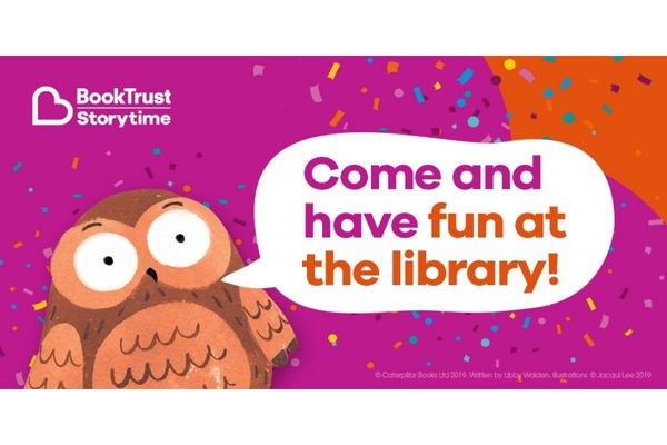 Illustration of a Owl with a speech bubble saying Come and have fun at the library. 