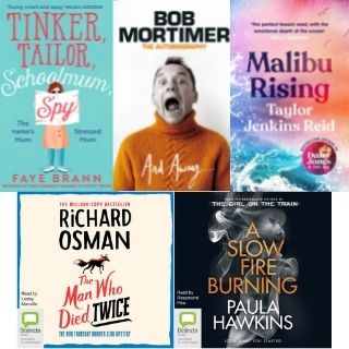 Book covers of Bob Mortimer, Tinker, Tailor, Schoolmum. Malibu Rising, The Man Who Died Twice and A Slow Fire Burning