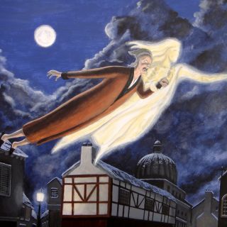 Illustration of a old man flying in the sky with a white ghostly figure