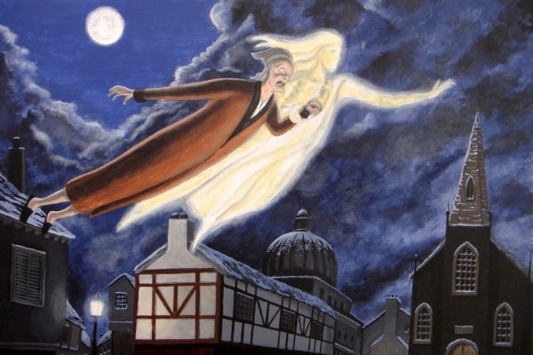 Illustration of a old man flying in the sky with a white ghostly figure
