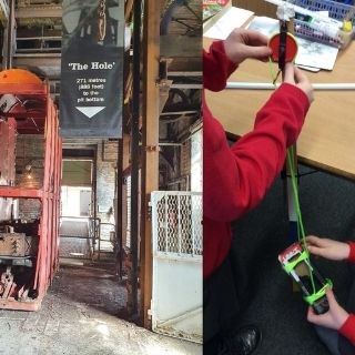 Photo of old mine shaft and children doing STEM