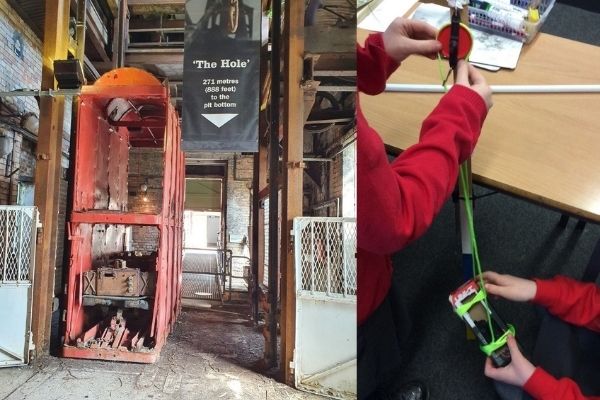 Photo of old mine shaft and children doing STEM