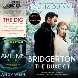 Book covers of Bridgerton, The Dig and Artemis