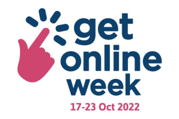 Get Online Week 2022 Logo.  Pink Graphic of a pink hand clicking with the text Get Online Week in blue.