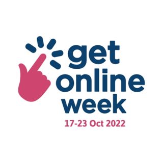 Get Online Week 2022 Logo.  Pink Graphic of a pink hand clicking with the text Get Online Week in blue