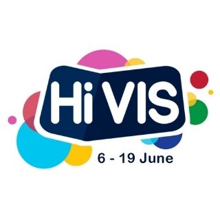 Logo for HiVis.  HiVis written in white with a blue background.  Behind the text is a number of coloured circles.