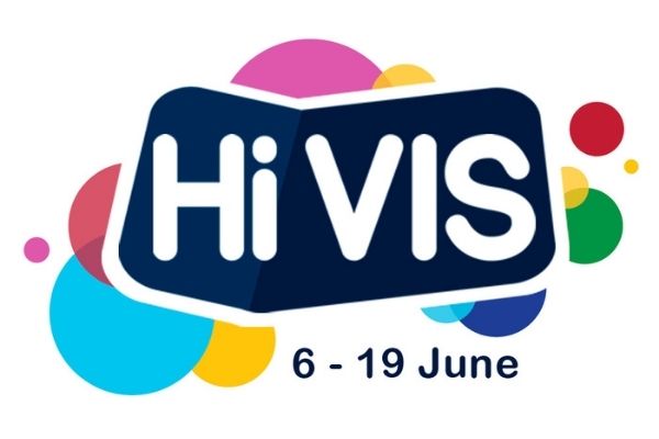 Logo for HiVis.  HiVis written in white with a blue background.  Behind the text is a number of coloured circles.