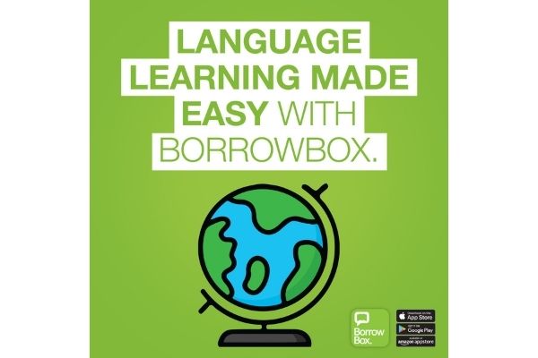 Illustration of a globe with the text above that reads Language Learning made easy with BorrowBox
