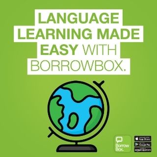 Illustration of a globe with the text above that reads Language Learning made easy with BorrowBox