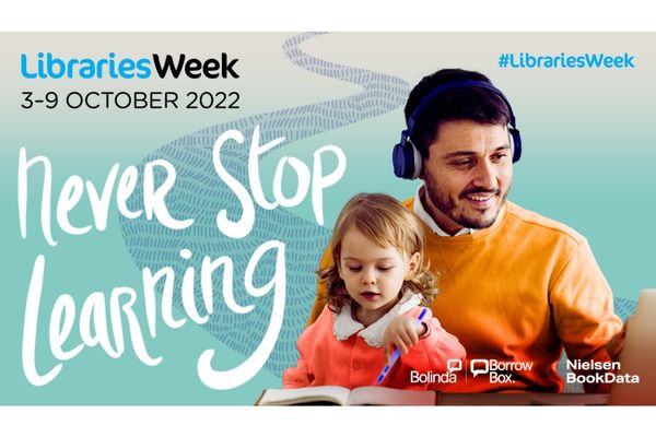 A male listening to head phones and young child writing.  With the text Never stop learning to the left