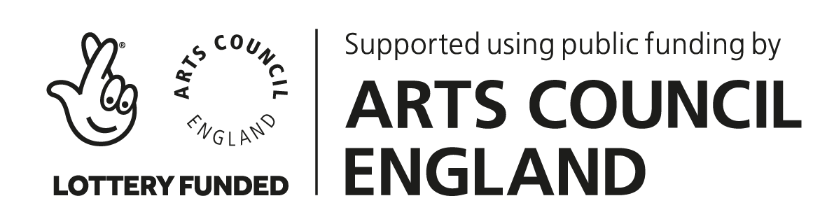 The National Lottery logo and the Arts Council England logo with the text "supported using public funding by Arts Council England". Image is black and white.