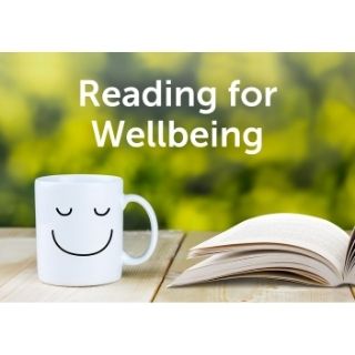 Text reads reading for well being.  Cup with a face on and an open book