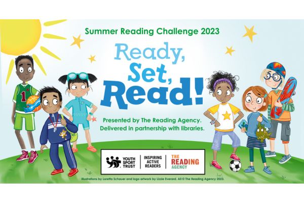 Illustration of 6 children with the text in the middle that reads Summer Reading Challenge 2023 Ready Set Read