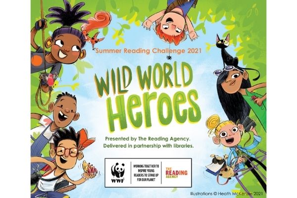 World Wild Heroes Text with 6 children around outside