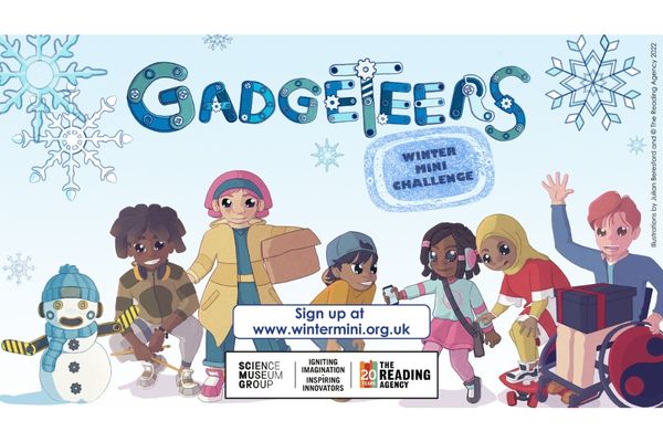 Illustration of children in the snow with a snowman.  Text reads Gadgeteers Winter Mini Challenge. 