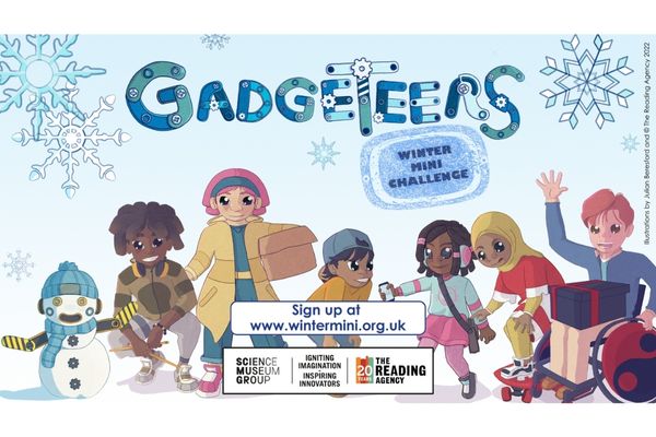 Illustration of children in the snow with a snowman.  Text reads Gadgeteers Winter Mini Challenge. 