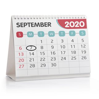 Calendar showing Mon 7 September 2020