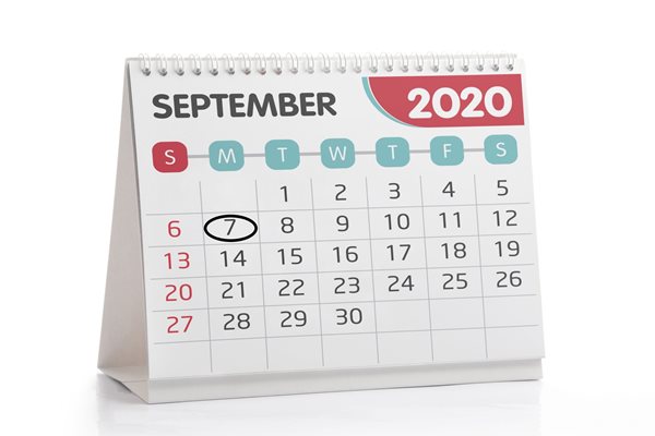 Calendar showing Mon 7 September 2020